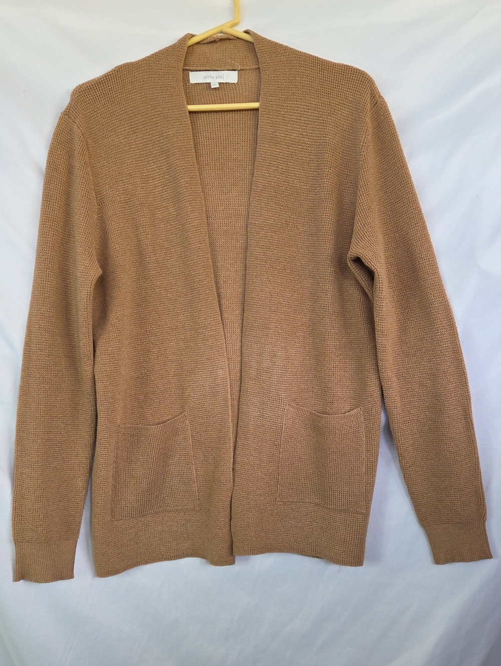 Verve Ami Camel Brown Open Front Knit Cardigan Sweater with Pockets